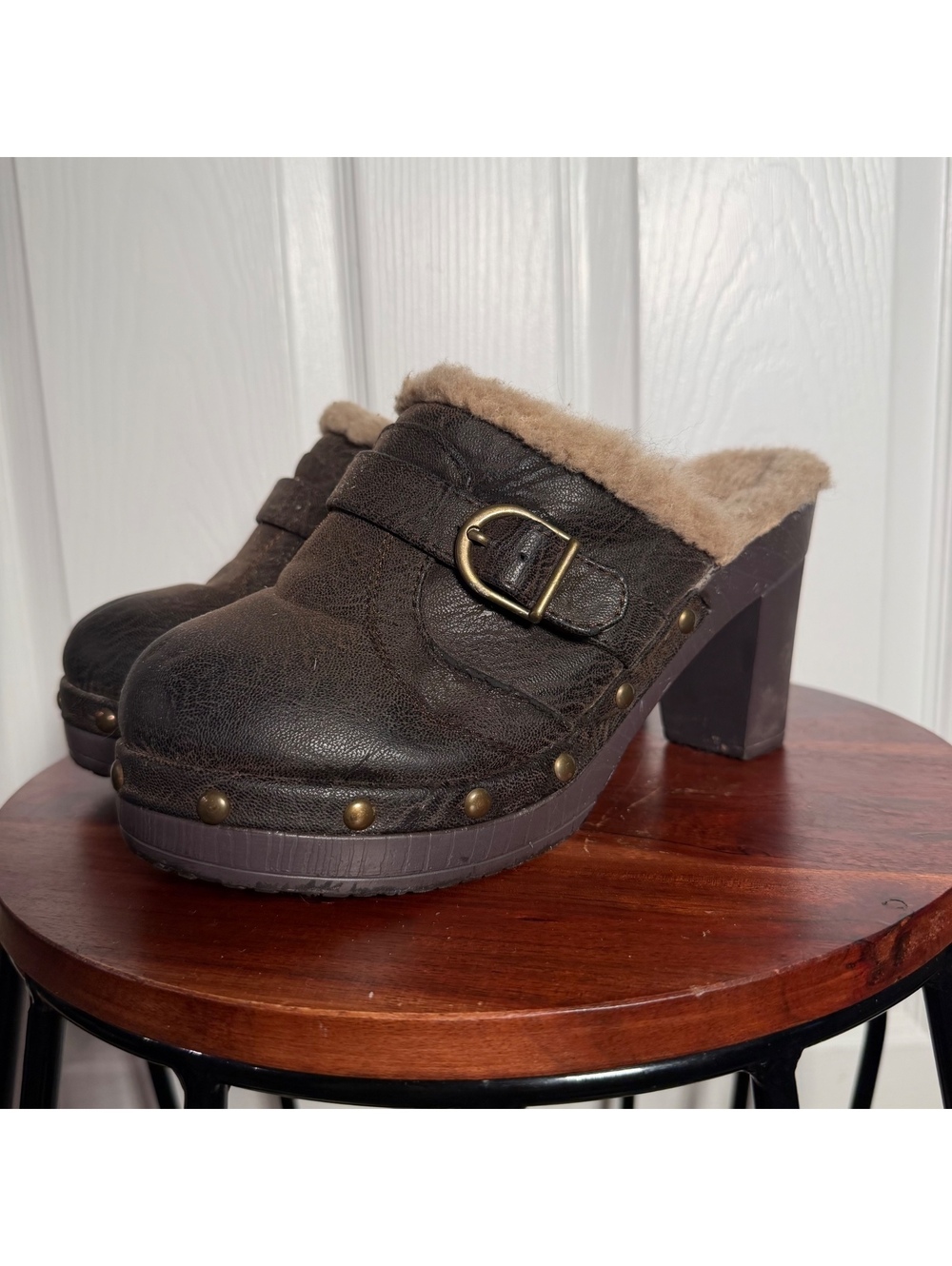 UNIONBAY Karina Y2K Brown Sherpa Lined Gold Studded Buckle Chunky Heel Clog Mule